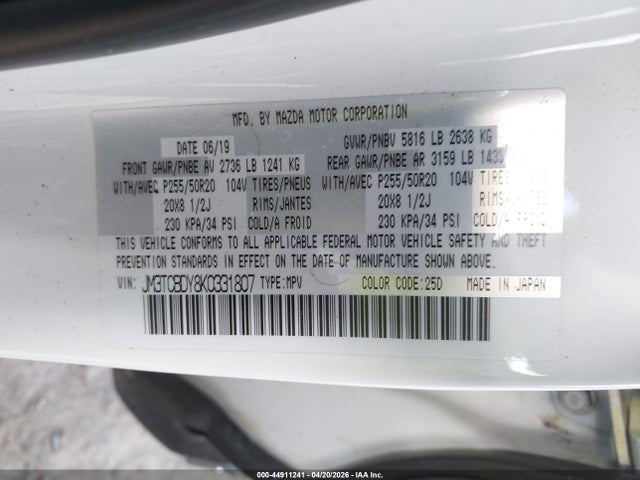 Aukcja sprzedaży 2019 Mazda Cx-9 Grand Touring, vin: JM3TCBDY8K0331807, numer aukcji: 44911241