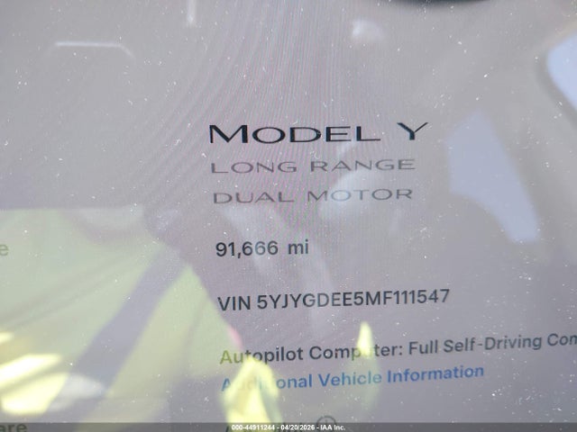 5YJYGDEE5MF111547 Tesla Model Y Long Range Dual Motor All-wheel Drive