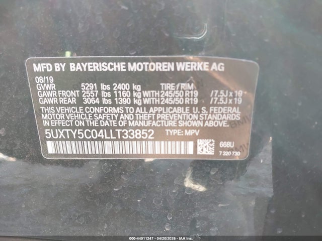 Продаж на аукціоні авто 2020 Bmw X3 Xdrive30i, vin: 5UXTY5C04LLT33852, номер лоту: 44911247