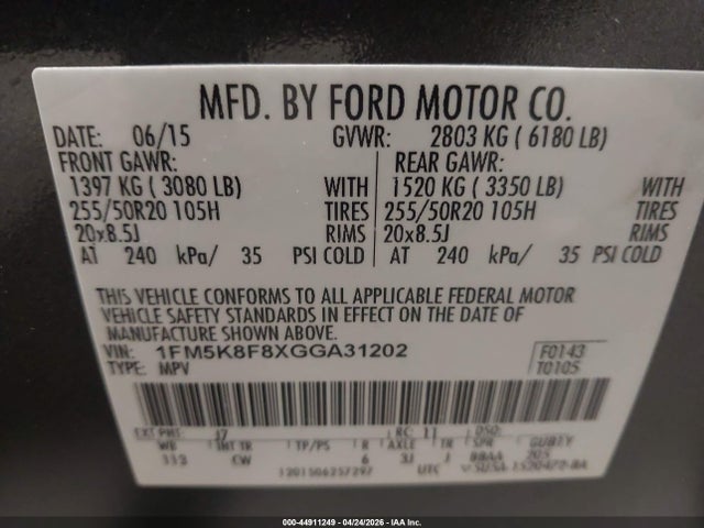 2016 Ford Explorer Limited მანქანა იყიდება აუქციონზე, vin: 1FM5K8F8XGGA31202, აუქციონის ნომერი: 44911249