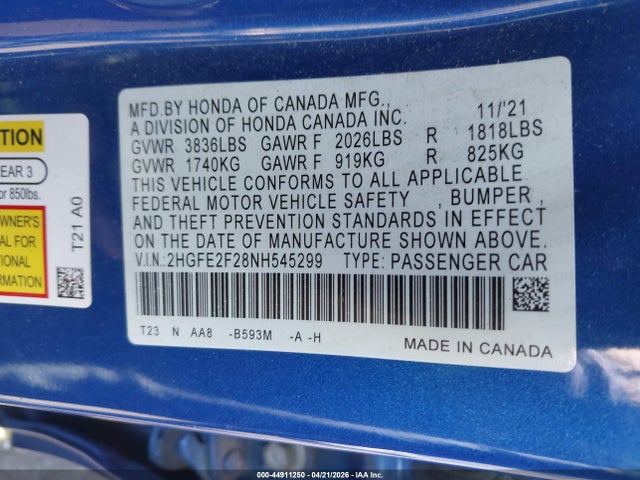 2022 Honda Civic Lx მანქანა იყიდება აუქციონზე, vin: 2HGFE2F28NH545299, აუქციონის ნომერი: 44911250
