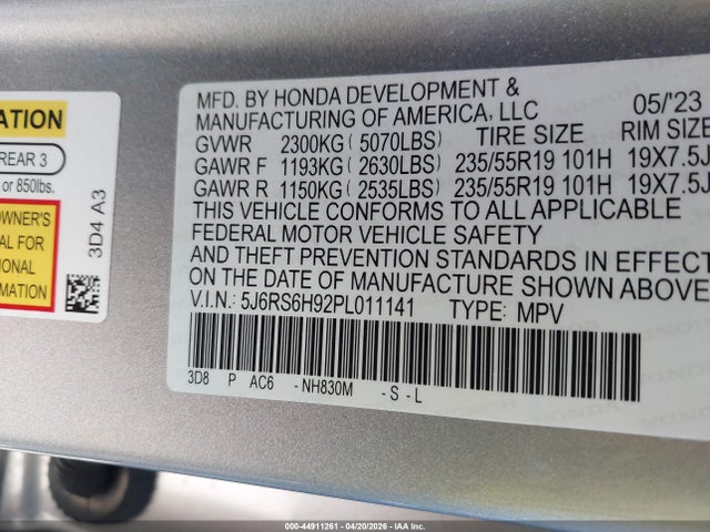 44911261 :رقم المزاد ، 5J6RS6H92PL011141 vin ، 2023 Honda Cr-v Hybrid Sport Touring مزاد بيع