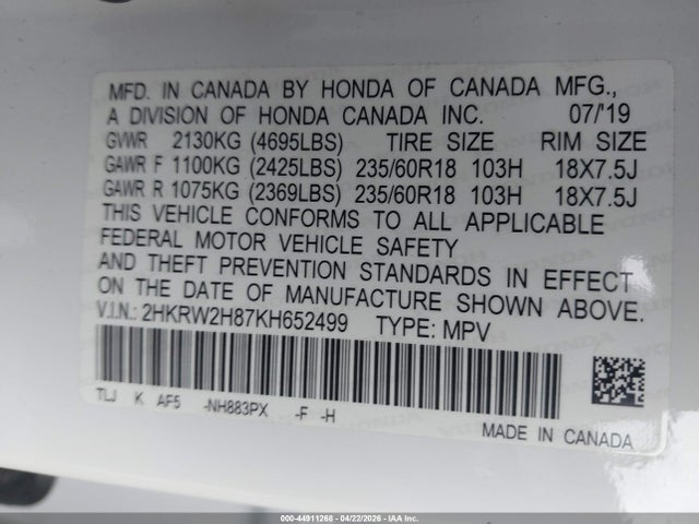 2HKRW2H87KH652499 Honda Cr-v Ex-l