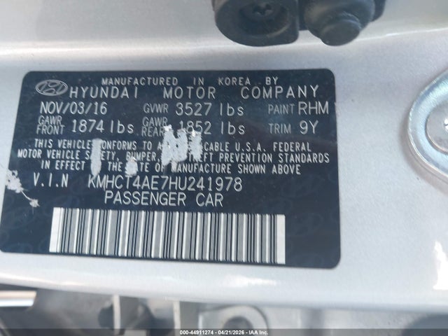 Aukcja sprzedaży 2017 Hyundai Accent Se, vin: KMHCT4AE7HU241978, numer aukcji: 44911274