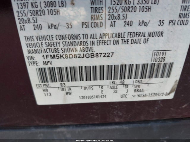 Aukcja sprzedaży 2018 Ford Explorer Xlt, vin: 1FM5K8D82JGB87227, numer aukcji: 44911280