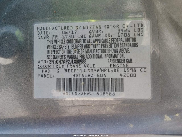 Aukcja sprzedaży 2018 Nissan Versa 1.6 S+, vin: 3N1CN7AP2JL808988, numer aukcji: 44911293