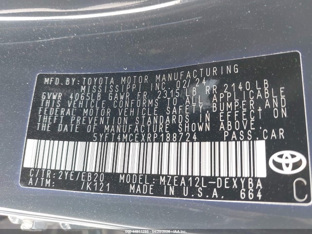 44911295 :رقم المزاد ، 5YFT4MCEXRP188724 vin ، 2024 Toyota Corolla Xse مزاد بيع