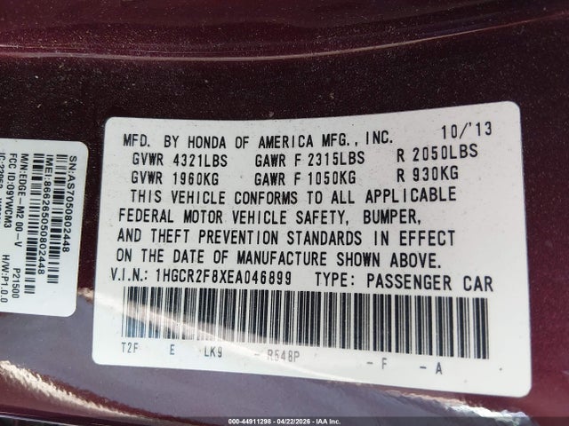 44911298 :رقم المزاد ، 1HGCR2F8XEA046899 vin ، 2014 Honda Accord Ex-l مزاد بيع