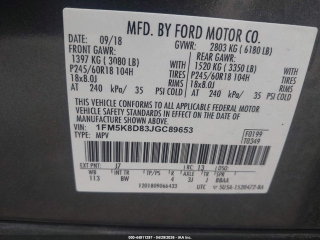 44911297 :رقم المزاد ، 1FM5K8D83JGC89653 vin ، 2018 Ford Explorer Xlt مزاد بيع