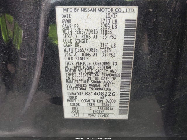 Aukcja sprzedaży 2008 Nissan Frontier Se, vin: 1N6AD07U38C408226, numer aukcji: 44911315