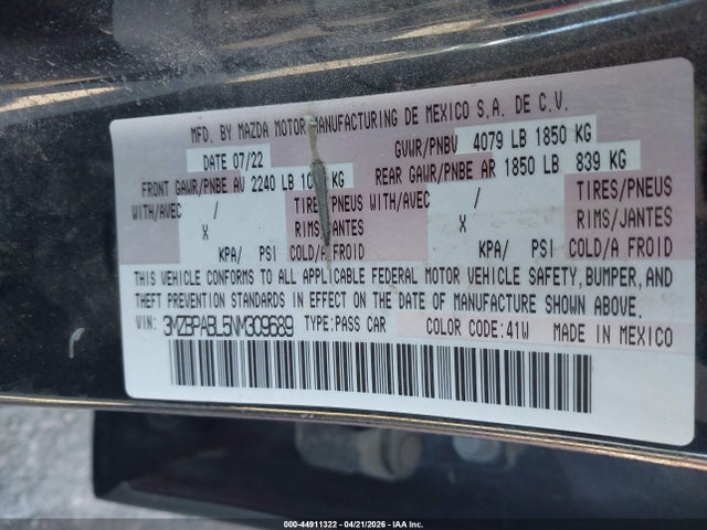 Aukcja sprzedaży 2022 Mazda Mazda3 Select, vin: 3MZBPABL5NM309689, numer aukcji: 44911322