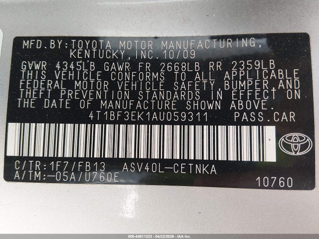 2010 Toyota Camry Le მანქანა იყიდება აუქციონზე, vin: 4T1BF3EK1AU059311, აუქციონის ნომერი: 44911323
