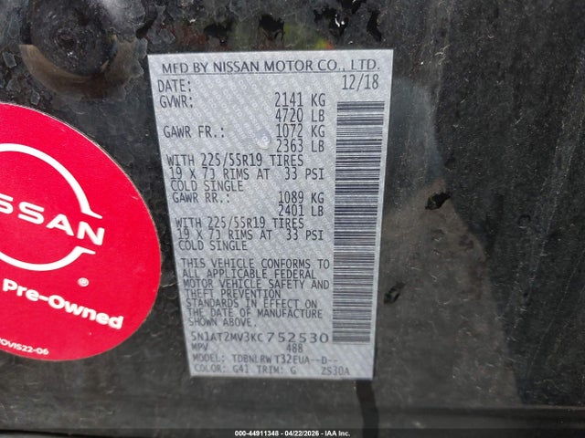 Aukcja sprzedaży 2019 Nissan Rogue Sl, vin: 5N1AT2MV3KC752530, numer aukcji: 44911348