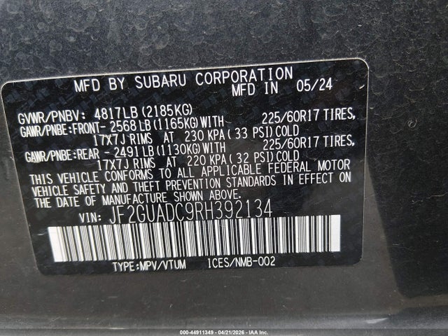 Продажа на аукционе авто 2024 Subaru Crosstrek Premium, vin: JF2GUADC9RH392134, номер лота: 44911349