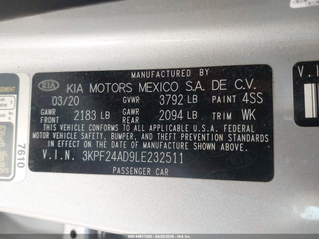 3KPF24AD9LE232511 KIA Forte Lxs