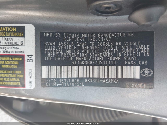 44911360 :رقم المزاد ، 4T1BK36B77U214110 vin ، 2007 Toyota Avalon Limited مزاد بيع