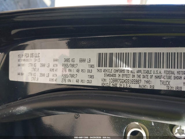 44911368 :رقم المزاد ، 1C6RR7GGXGS165987 vin ، 2016 Ram 1500 Slt مزاد بيع