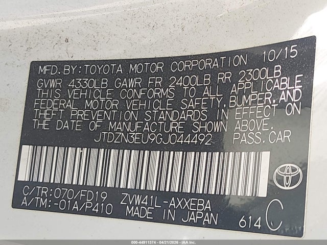 44911374 :رقم المزاد ، JTDZN3EU9GJ044492 vin ، 2016 Toyota Prius V Two مزاد بيع