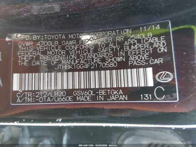 44911385 :رقم المزاد ، JTHBK1GG4F2170580 vin ، 2015 Lexus Es 350 مزاد بيع