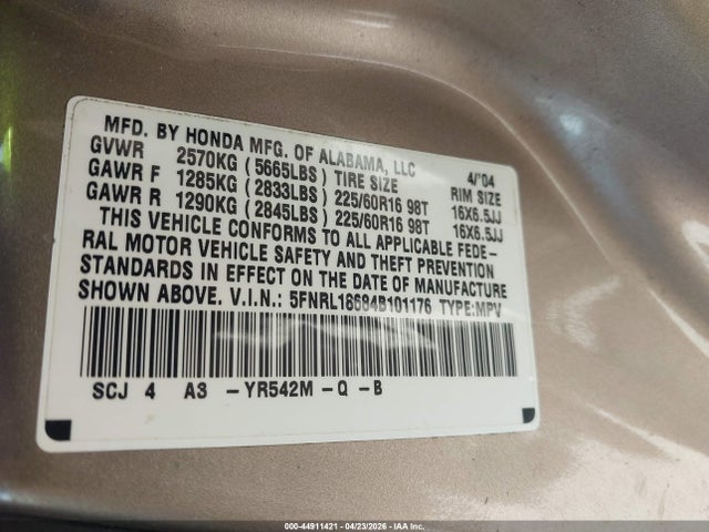 44911421 :رقم المزاد ، 5FNRL18684B101176 vin ، 2004 Honda Odyssey Ex مزاد بيع