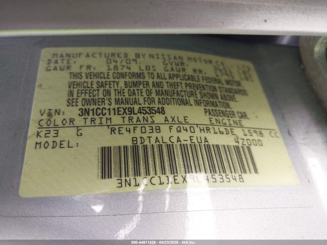 44911426 :رقم المزاد ، 3N1CC11EX9L453548 vin ، 2009 Nissan Versa 1.6 مزاد بيع