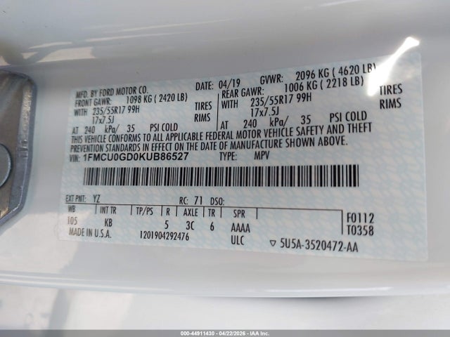 1FMCU0GD0KUB86527 Ford ESCAPE SE
