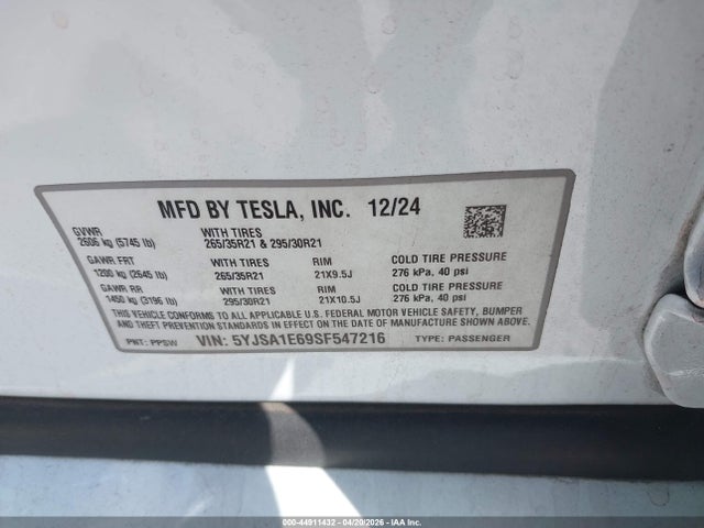 2025 Tesla Model S Plaid მანქანა იყიდება აუქციონზე, vin: 5YJSA1E69SF547216, აუქციონის ნომერი: 44911432