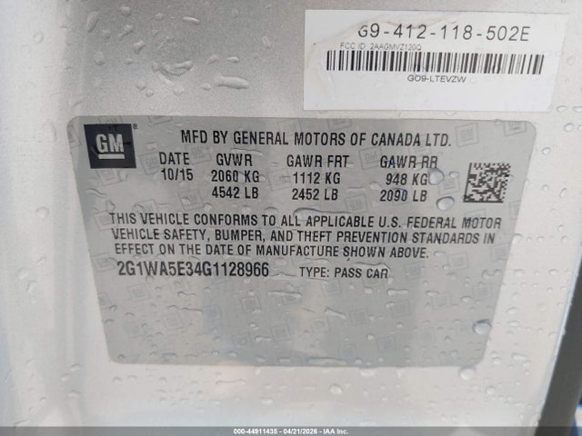 44911435 :رقم المزاد ، 2G1WA5E34G1128966 vin ، 2016 Chevrolet Impala Limited Ls مزاد بيع