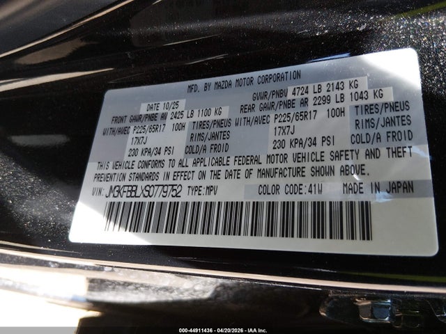 44911436 :رقم المزاد ، JM3KFBBLXS0779752 vin ، 2025 Mazda Cx-5 2.5 S Select مزاد بيع