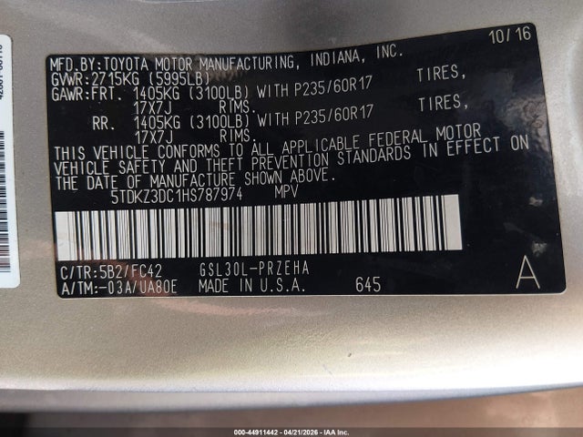 Aukcja sprzedaży 2017 Toyota Sienna Le Mobility, vin: 5TDKZ3DC1HS787974, numer aukcji: 44911442