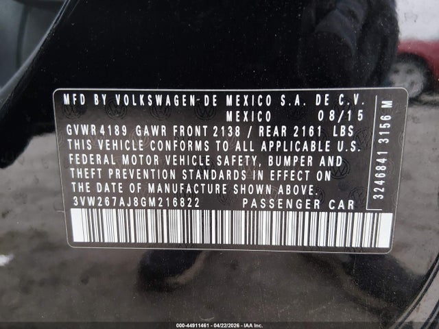44911461 :رقم المزاد ، 3VW267AJ8GM216822 vin ، 2016 Volkswagen Jetta 1.4t S مزاد بيع