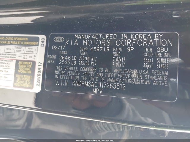 KNDPM3AC1H7265512 KIA Sportage Lx