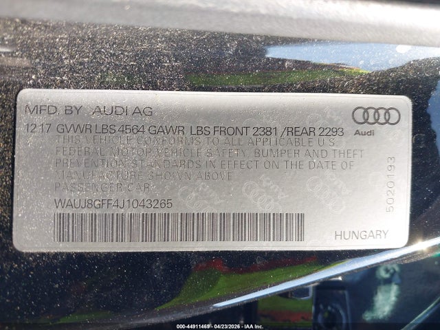 44911469 :رقم المزاد ، WAUJ8GFF4J1043265 vin ، 2018 Audi A3 2.0t Premium/2.0t Tech Premium مزاد بيع