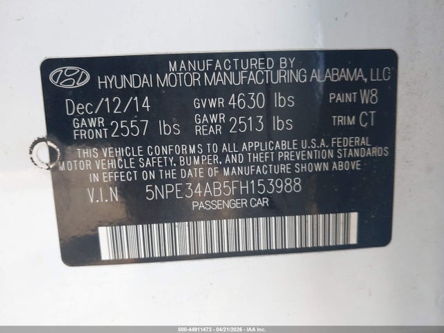 44911473 :رقم المزاد ، 5NPE34AB5FH153988 vin ، 2015 Hyundai Sonata Limited 2.0t مزاد بيع
