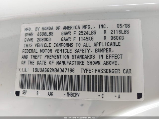 2008 Acura Tl 3.2 მანქანა იყიდება აუქციონზე, vin: 19UUA662X8A047196, აუქციონის ნომერი: 44911472
