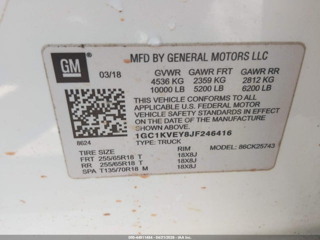 44911484 :رقم المزاد ، 1GC1KVEY8JF246416 vin ، 2018 Chevrolet Silverado 2500hd Lt مزاد بيع