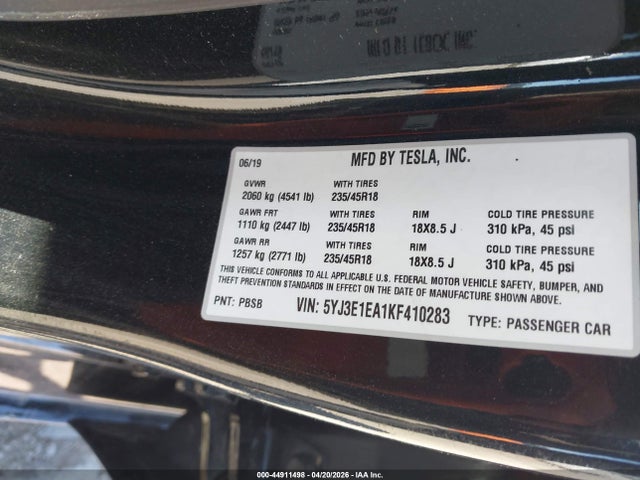 Aukcja sprzedaży 2019 Tesla Model 3, vin: 5YJ3E1EA1KF410283, numer aukcji: 44911498