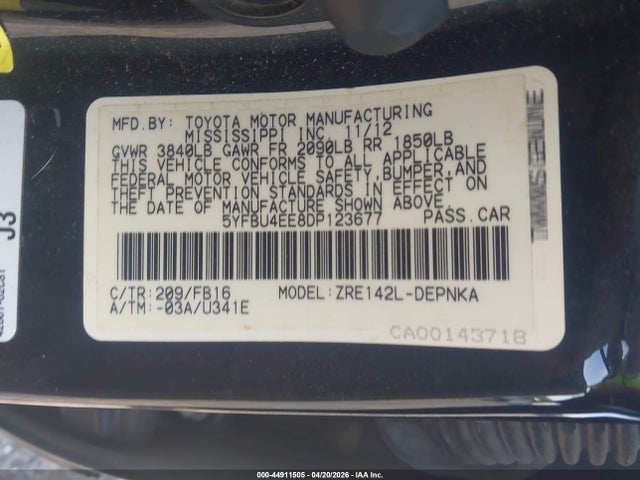 2013 Toyota Corolla Le მანქანა იყიდება აუქციონზე, vin: 5YFBU4EE8DP123677, აუქციონის ნომერი: 44911505