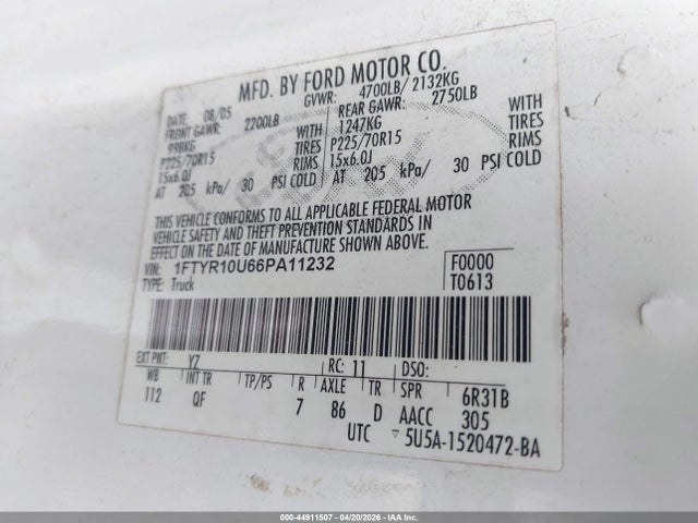 44911507 :رقم المزاد ، 1FTYR10U66PA11232 vin ، 2006 Ford Ranger Sport/stx/xl/xlt مزاد بيع