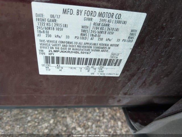 Продажа на аукционе авто 2017 Lincoln Mkx Select, vin: 2LMPJ6KR2HBL50167, номер лота: 44911513