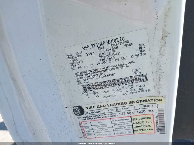 Продаж на аукціоні авто 2010 Ford F-150 Fx4/harley-davidson/king Ranch/lariat/platinum/xl/xlt, vin: 1FTFW1EVXAKA57251, номер лоту: 44911516