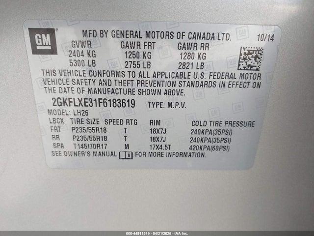 Продажа на аукционе авто 2015 Gmc Terrain Slt-1, vin: 2GKFLXE31F6183619, номер лота: 44911519