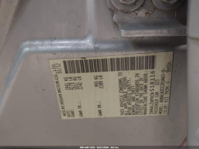 Продаж на аукціоні авто 2012 Nissan Altima 2.5 S, vin: 1N4AL2APXCN518116, номер лоту: 44911525