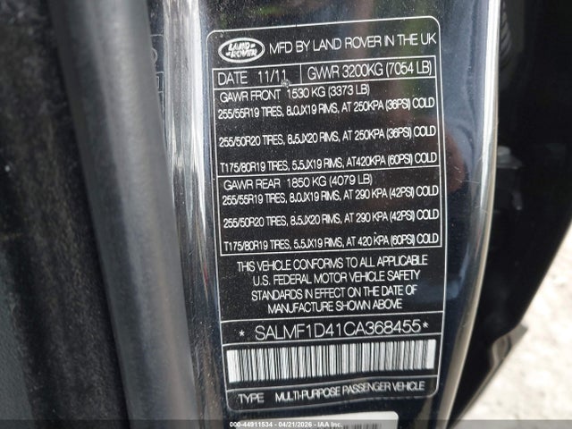 Продаж на аукціоні авто 2012 Land Rover Range Rover Hse, vin: SALMF1D41CA368455, номер лоту: 44911534