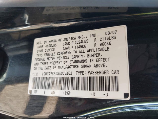 Aukcja sprzedaży 2008 Acura Tl Type S, vin: 19UUA76508A006463, numer aukcji: 44911539
