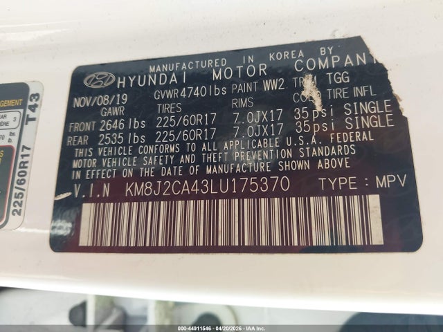 Продаж на аукціоні авто 2020 Hyundai Tucson Se, vin: KM8J2CA43LU175370, номер лоту: 44911546