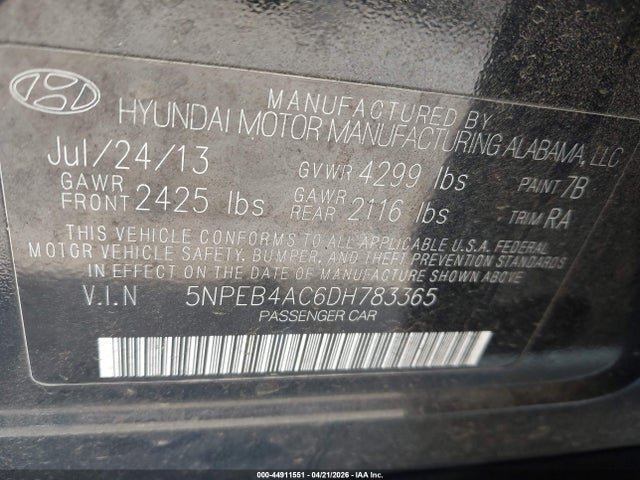 Продажа на аукционе авто 2013 Hyundai Sonata Gls, vin: 5NPEB4AC6DH783365, номер лота: 44911551