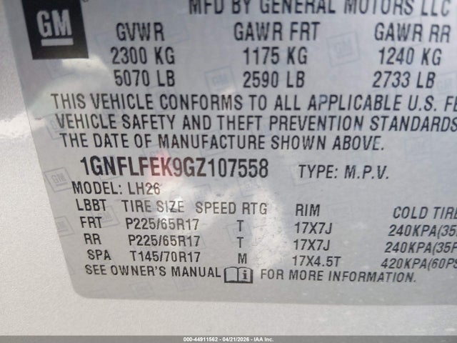 1GNFLFEK9GZ107558 Chevrolet EQUINOX LT