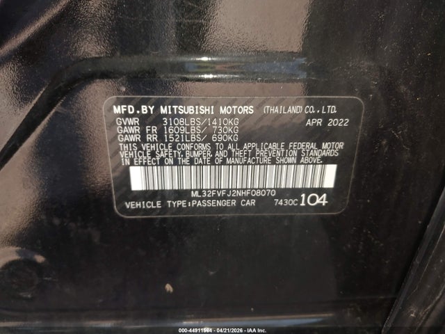44911564 :رقم المزاد ، ML32FVFJ2NHF08070 vin ، 2022 Mitsubishi Mirage G4 Se مزاد بيع
