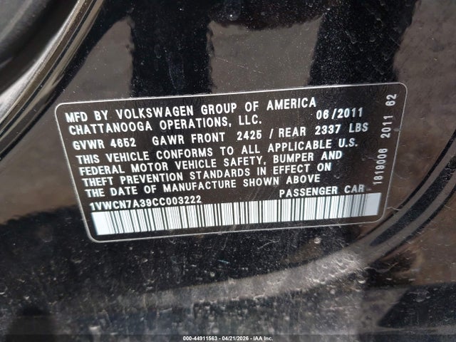 Продаж на аукціоні авто 2012 Volkswagen Passat 2.0l Tdi Sel Premium, vin: 1VWCN7A39CC003222, номер лоту: 44911563
